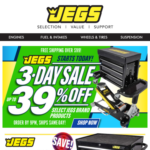 JEGS 3-Day Sale Up to 39% Starts Today!