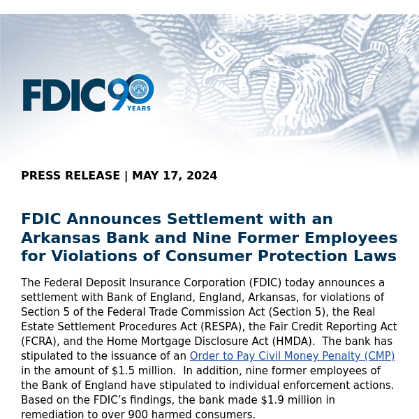 Press Release FDIC Announces Settlement with an Arkansas Bank and Nine