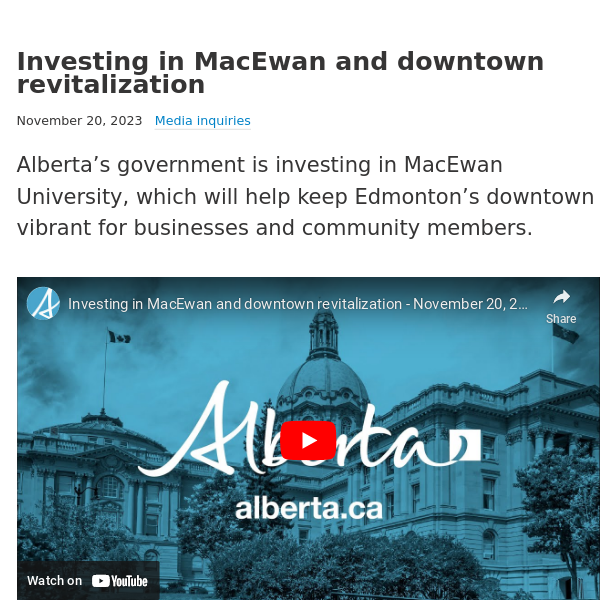 News Release: Investing in MacEwan and downtown revitalization