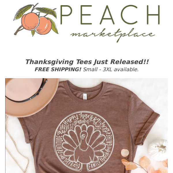 🦃 New Thanksgiving Tees Now Available at Peach Marketplace with Free Shipping! 🍂