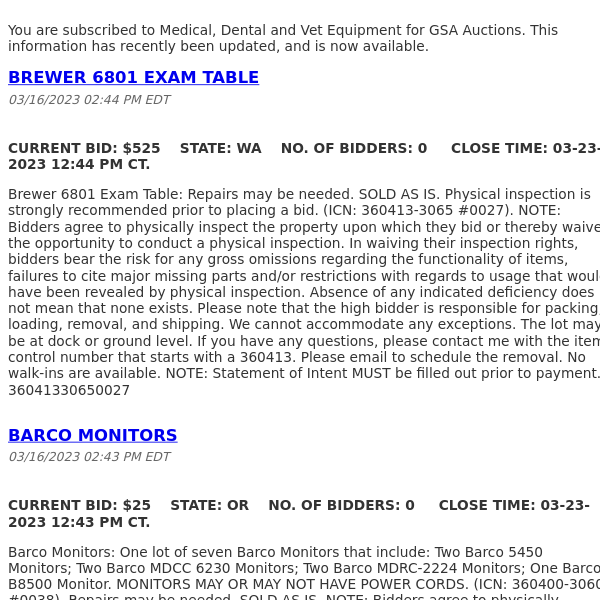 GSA Auctions Medical, Dental and Vet Equipment Update