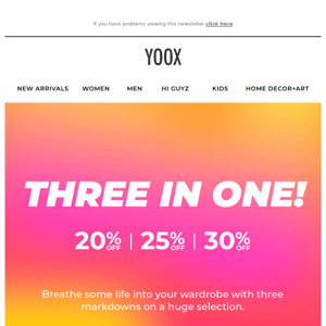 Three in one: 20%, 25% & 30% OFF until 4/7 >>