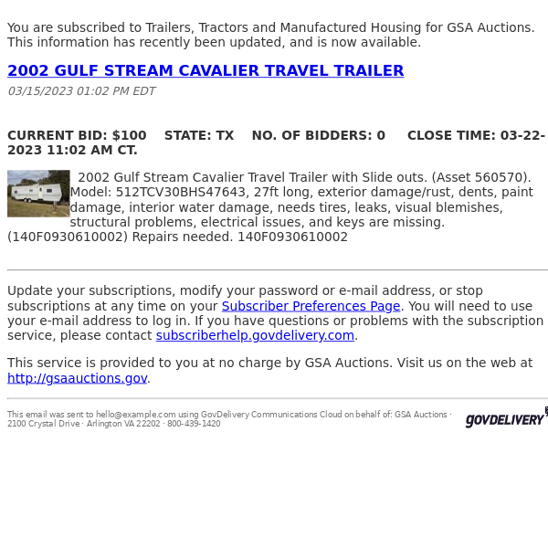 GSA Auctions Trailers, Tractors and Manufactured Housing Update