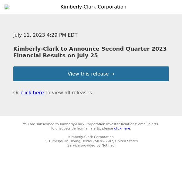 Kimberly-Clark to Announce Second Quarter 2023 Financial Results on July 25