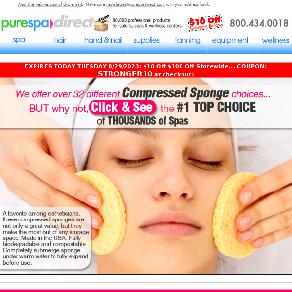 Pure Spa Direct! ENDS TODAY 8/29: $10 Off Storewide Coupon - ALSO, Check Out Our Best Compressed Sponges