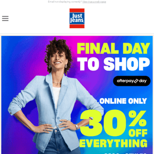 Final Day To Shop Afterpay With 30% Off Everything