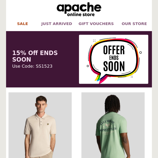 Apache 15% Off Menswear Must End SOON