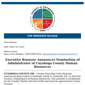 RELEASE: Executive Ronayne Announces Nomination of Administrator of Cuyahoga County Human Resources