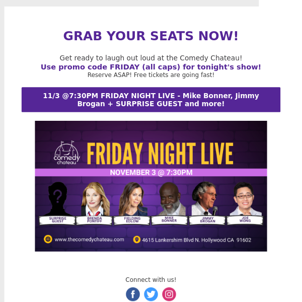 Claim your FREE Comedy tickets for an ALL STAR COMEDY tonight!