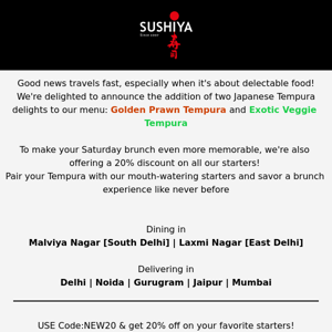 New at Sushiya: Indulge in Our Japanese Tempura Brunch with 20% Off Starters!