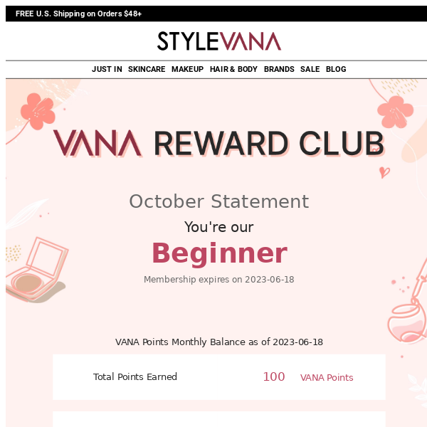 Here's your VANA Reward Club October Statement