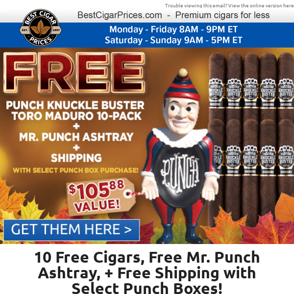 💥 10 Free Cigars, Free Mr. Punch Ashtray, + Free Shipping with Select Punch Boxes 💥