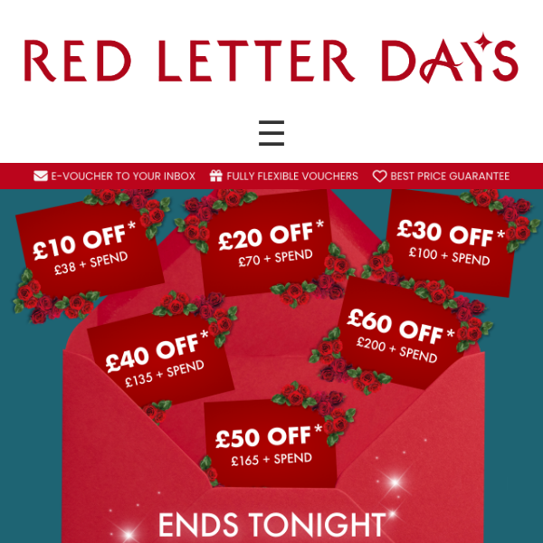 Up to £60 off ends tonight: Secure your romantic gesture