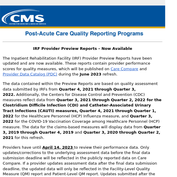 IRF Provider Preview Reports – Now Available