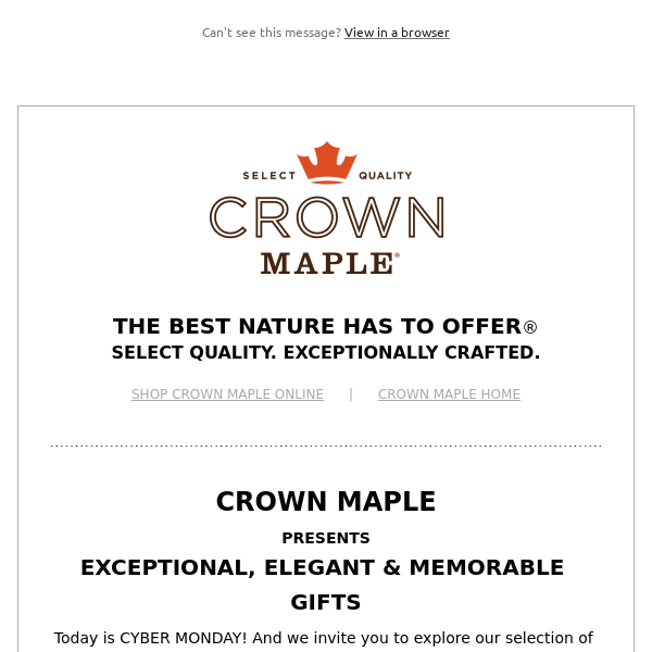 Crown Maple SAVE 20% on Holiday Gifting with FREE shipping over $75