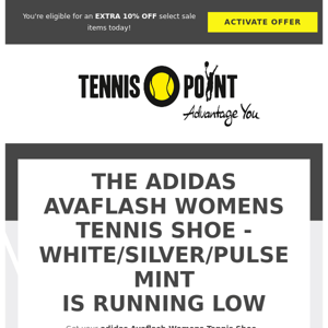 🔥 The adidas Avaflash Womens Tennis Shoe - White/Silver/Pulse Mint is selling fast! We’ll give you 10% off on sale items too! 🔥