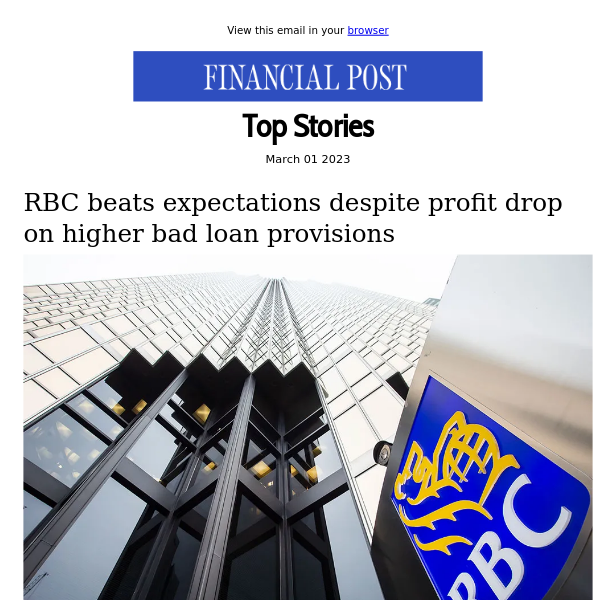 RBC beats expectations despite profit drop on higher bad loan provisions