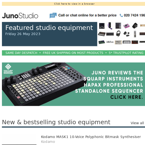 Juno reviews the Squarp Instruments Hapax sequencer + Kodamo MASK1 synthesiser now in stock & more studio equipment news...