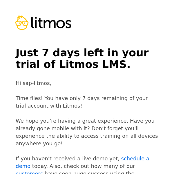Only 7 days remaining in your Litmos trial