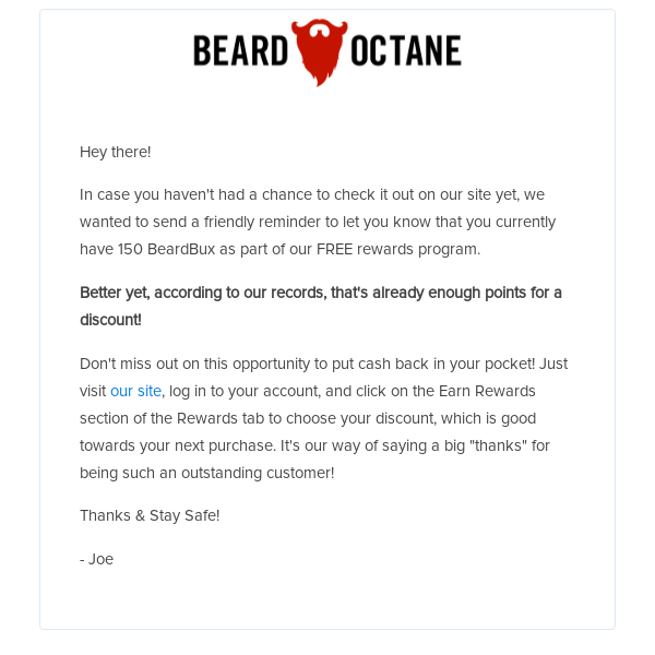 [http://www.beardoctane.com] Congratulations!  You Have Enough Points for a Discount!