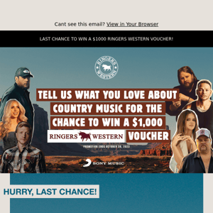 🚨LAST CHANCE! WIN A $1,000 RINGERS WESTERN VOUCHER 😍