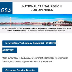 New/Current Job Opportunities in the GSA National Capital Region