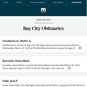 Today's Bay City obituaries for March 29, 2023