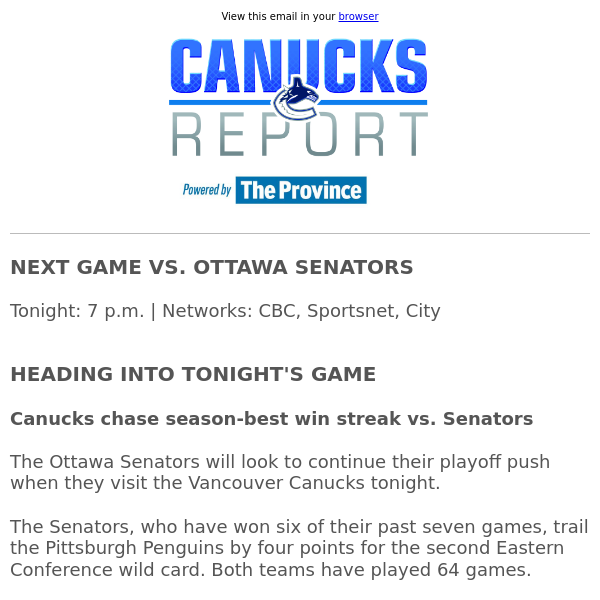 Canucks chase season-best win streak vs. Senators