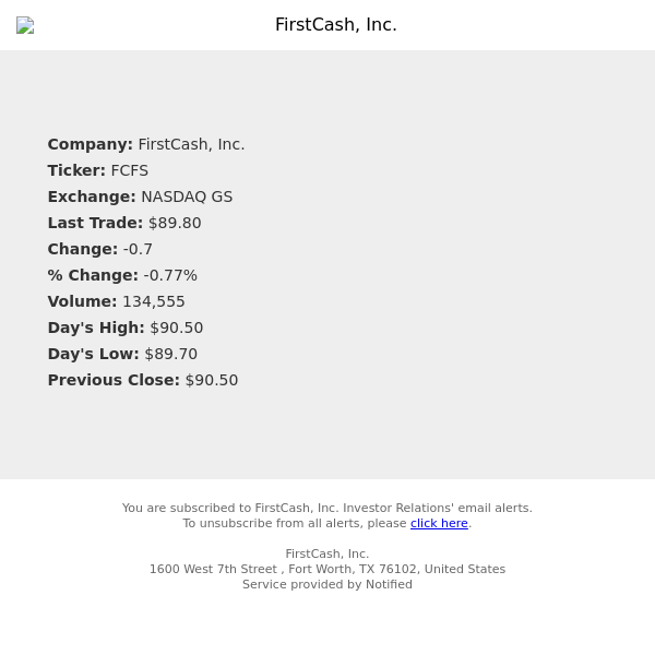 Stock Quote Notification for FirstCash, Inc.