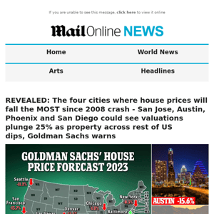 REVEALED: The four cities where house prices will fall the MOST since 2008 crash - San Jose, Austin, Phoenix and San Diego could see valuations plunge 25% as property across rest of US dips, Goldman Sachs warns 