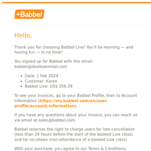 Babbel Invoice: Babbel Live