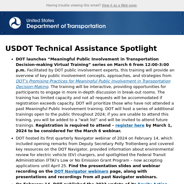 USDOT Navigator – February Biweekly Bulletin