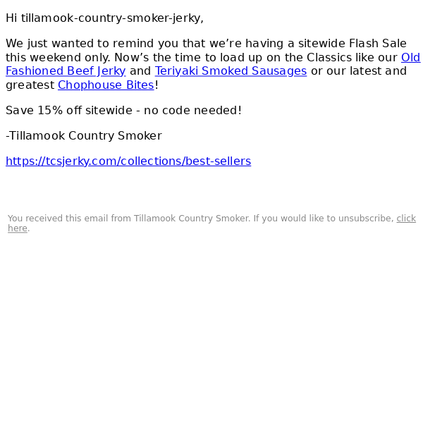 Tillamook Country Smoker Jerky, your 15% off awaits.