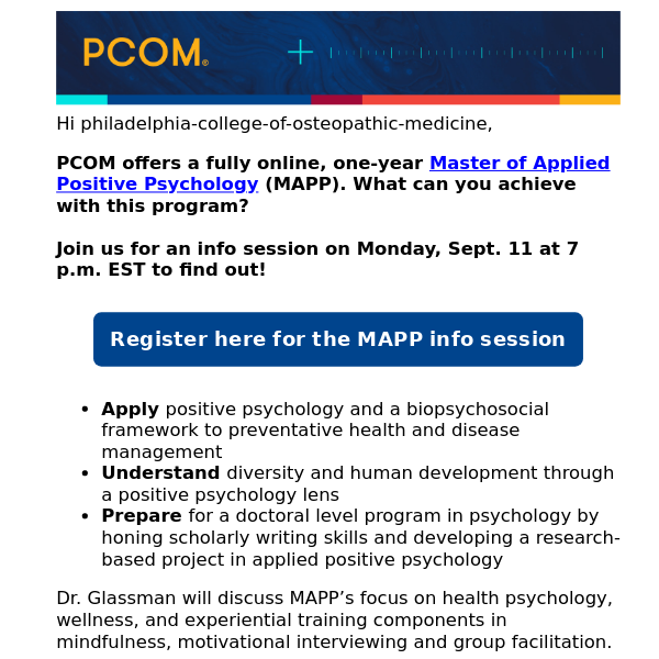 PCOM online MS in Applied Positive Psychology info session next week- register today