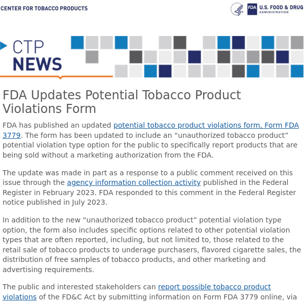FDA Updates Potential Tobacco Product Violations Form