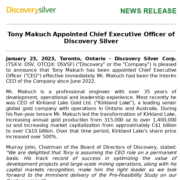 Tony Makuch Appointed Chief Executive Officer of Discovery Silver
