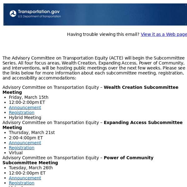  Advisory Committee on Transportation Equity - Upcoming Subcommittee Meetings