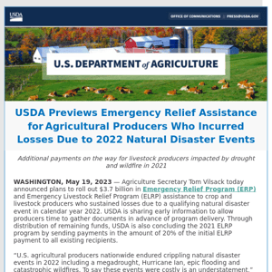 USDA Previews Emergency Relief Assistance for Agricultural Producers Who Incurred Losses Due to 2022 Natural Disaster Events