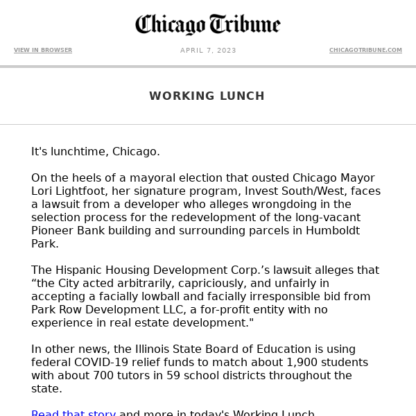 Working Lunch: Lightfoot program faces lawsuit | IRS to improve operations | Valparaiso University buys property for $2.2M