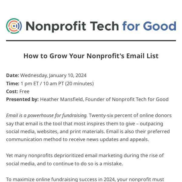 Free Mini Webinar on January 10! How to Grow Your Nonprofit’s Email List 📧