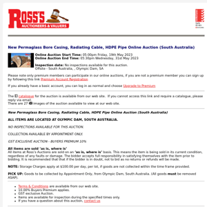 *CLOSING SOON* Ross's > New Permaglass Bore Casing, Radiating Cable, HDPE Pipe Online Auction (South Australia) 31/05/23
