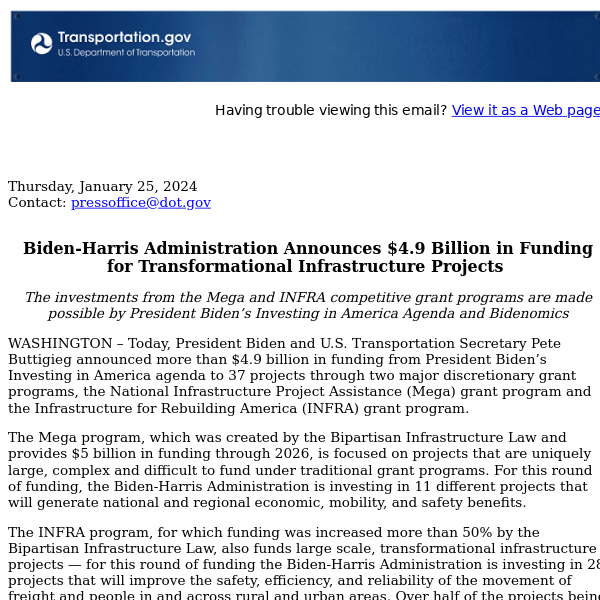 Biden-Harris Administration Announces $4.9 Billion in Funding for Transformational Infrastructure Projects