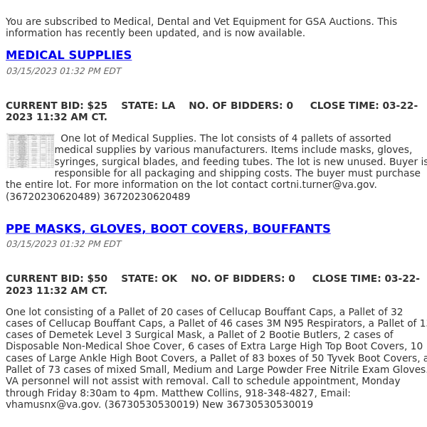 GSA Auctions Medical, Dental and Vet Equipment Update