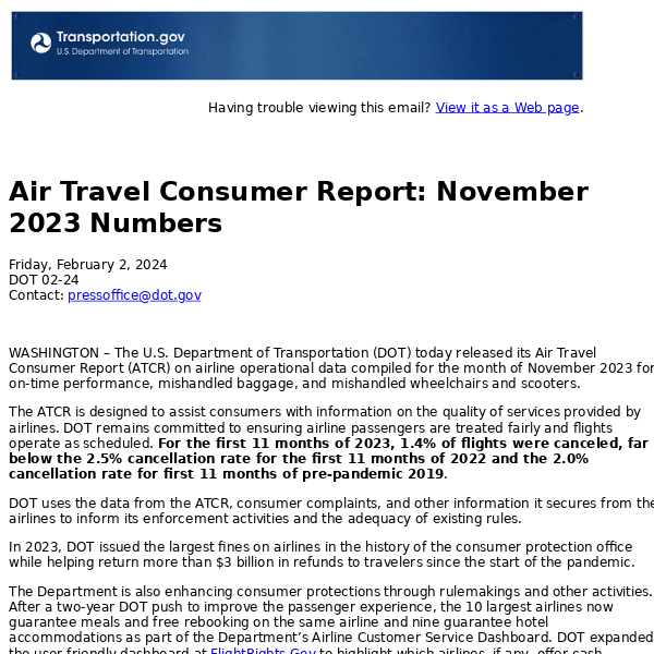 Air Travel Consumer Report: November 2023 Numbers