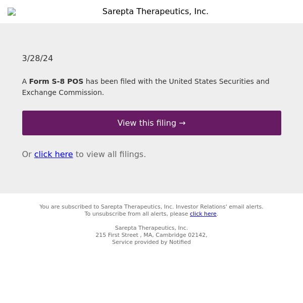 New Form S-8 POS for Sarepta Therapeutics, Inc.