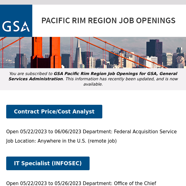 New/Current Job Opportunities in the GSA Pacific Rim Region