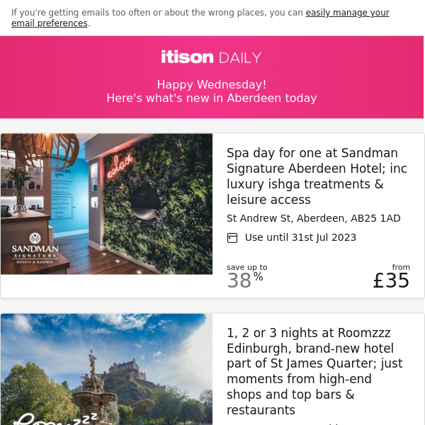 Sandman Signature spa day; Brand-new Roomzzz Edinburgh, St James Quarter; Café Andaluz Aberdeen; Fisher's Hotel, Pitlochry, and 8 other deals