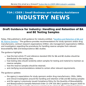 Draft Guidance for Industry: Handling and Retention of BA and BE Testing Samples
