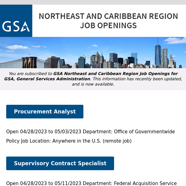 New/Current Job Opportunities in the GSA Northeast & Caribbean Region