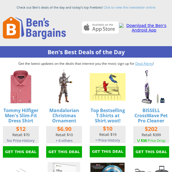 Ben's Best Deals: $12 Tommy Hilf. Dress Shirt - $98 Luggage Set - $19 Auto Vacuum - $50 Capt. America Shield